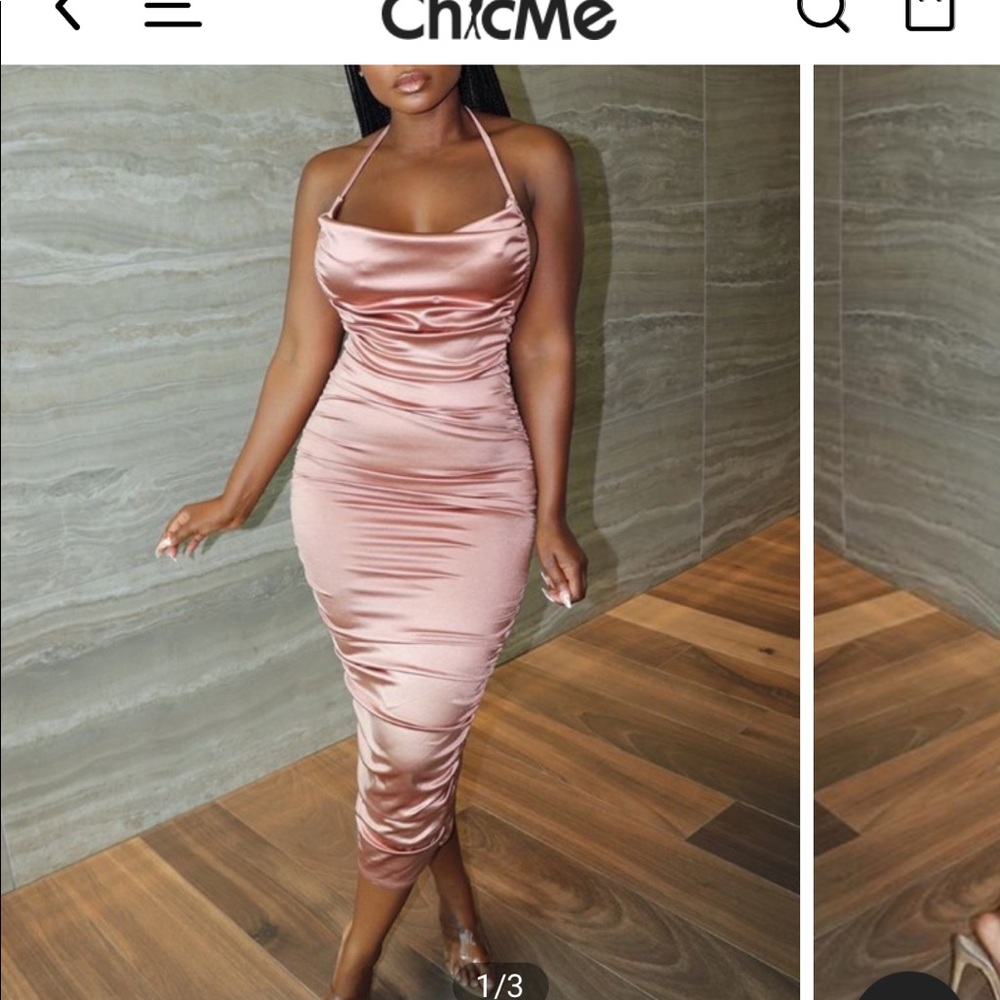 Chic Me pink halter backless satin ruched dress